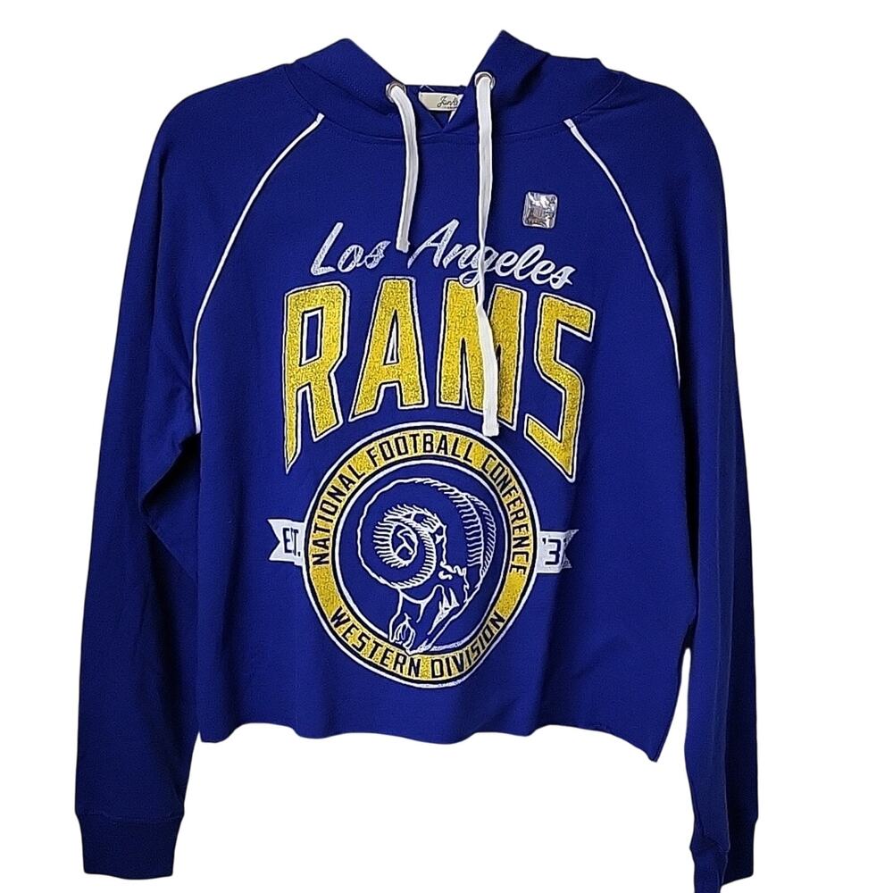 Junk Food NFL Los Angeles Rams Blue Cropped Raglan Pullover Hoodie Womens L NEW